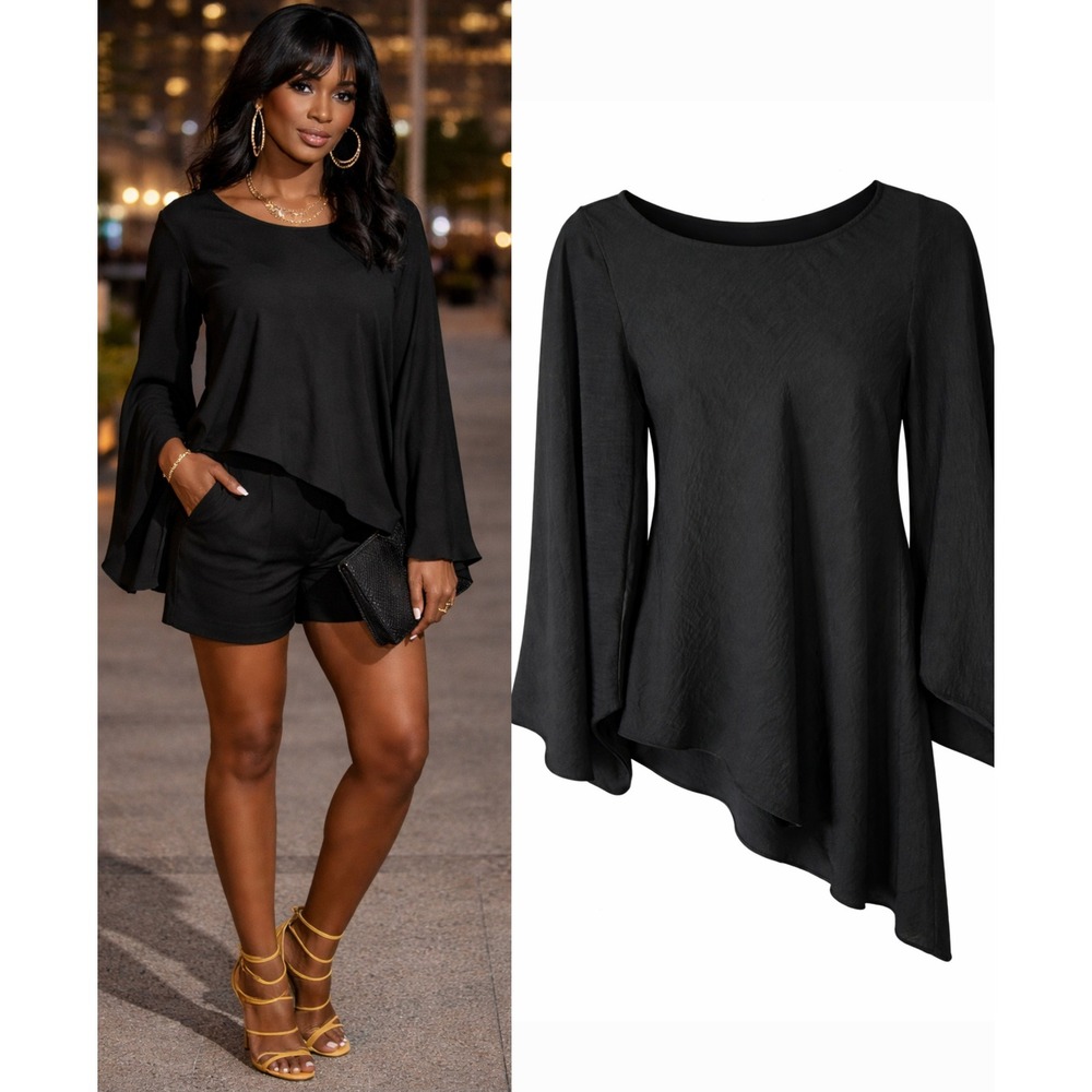 Laundry Shelli Segal Black Asymmetrical Blouse Bell Sleeve Flowy Top XS